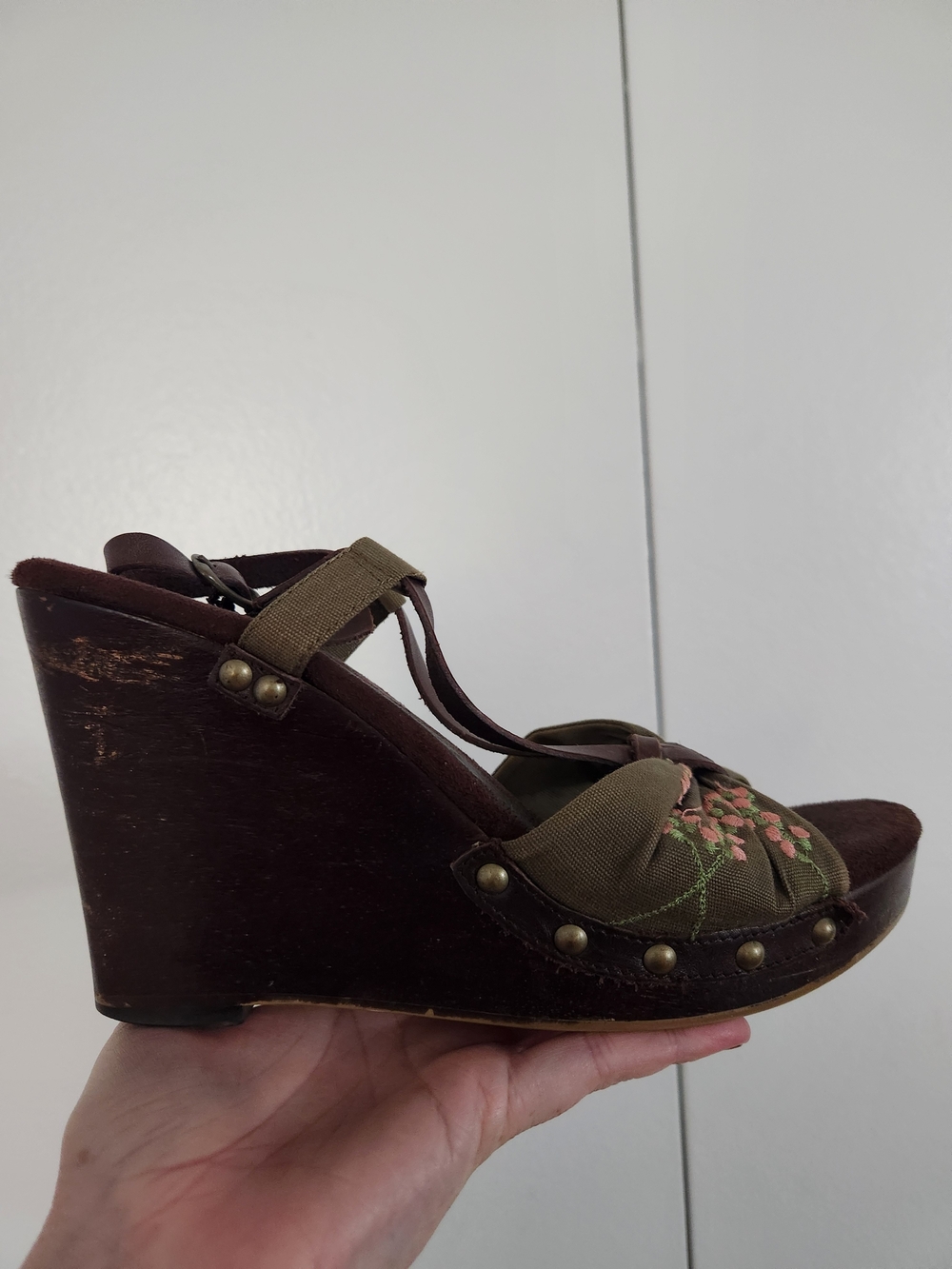 Seychelles Olive Green Embroidered Wedge Sandal